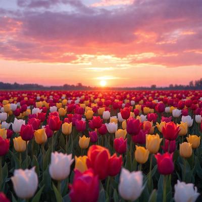 The primary subject of the image is a field of flowers, predominantly red and yellow tulips. The setting is a sunset, with the sun peeking through the clouds, casting a warm glow over the field. The visual style is a close-up of the flowers, showcasing their vibrant colors and intricate patterns. The overall atmosphere is serene and picturesque, with the sunset creating a beautiful backdrop for the field of flowers.